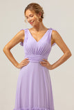 Lilac V-Neck A-Line Chiffon Bridesmaid Dress with Ruffles