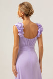 Lilac V-Neck A-Line Chiffon Bridesmaid Dress with Ruffles