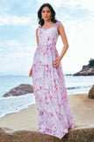 Grey Purple A-Line Chiffon Floral Printed Bridesmaid Dress