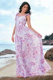 Grey Purple A-Line Chiffon Floral Printed Bridesmaid Dress