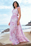 Grey Purple A-Line Chiffon Floral Printed Bridesmaid Dress