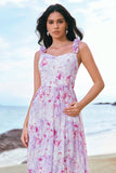 Grey Purple A-Line Chiffon Floral Printed Bridesmaid Dress