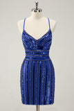 Sparkly Royal Blue Tight Sequined Spaghetti Straps Prom Dress