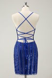 Sparkly Royal Blue Tight Sequined Spaghetti Straps Prom Dress