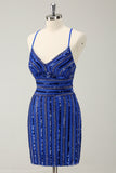 Sparkly Royal Blue Tight Sequined Spaghetti Straps Prom Dress