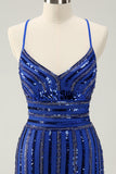 Sparkly Royal Blue Tight Sequined Spaghetti Straps Prom Dress