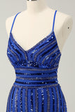 Sparkly Royal Blue Tight Sequined Spaghetti Straps Prom Dress