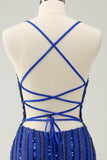 Sparkly Royal Blue Tight Sequined Spaghetti Straps Prom Dress