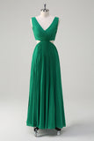 Green V-Neck Cut Out Pleated A-Line Chiffon Bridesmaid Dress