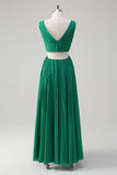 Green V-Neck Cut Out Pleated A-Line Chiffon Bridesmaid Dress