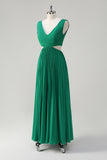 Green V-Neck Cut Out Pleated A-Line Chiffon Bridesmaid Dress