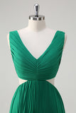 Green V-Neck Cut Out Pleated A-Line Chiffon Bridesmaid Dress