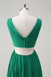 Green V-Neck Cut Out Pleated A-Line Chiffon Bridesmaid Dress