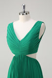 Green V-Neck Cut Out Pleated A-Line Chiffon Bridesmaid Dress