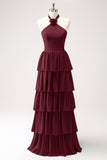 Burgundy Halter Tiered Chiffon Bridesmaid Dress with Flower