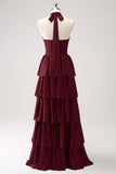 Burgundy Halter Tiered Chiffon Bridesmaid Dress with Flower