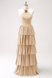 Elegant Champagne A-Line Halter Tiered Chiffon Bridesmaid Dress