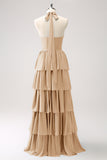 Elegant Champagne A-Line Halter Tiered Chiffon Bridesmaid Dress