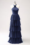 Dark Navy A-Line Halter Tiered Chiffon Bridesmaid Dress with Flower