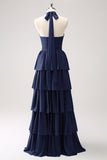 Dark Navy A-Line Halter Tiered Chiffon Bridesmaid Dress with Flower