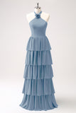 Dark Navy A-Line Halter Tiered Chiffon Bridesmaid Dress with Flower