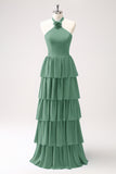 Elegant Champagne A-Line Halter Tiered Chiffon Bridesmaid Dress