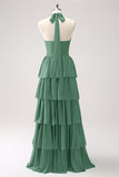 Eucalyptus A-Line Halter Tiered Chiffon Bridesmaid Dress