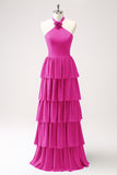 Eucalyptus A-Line Halter Tiered Chiffon Bridesmaid Dress