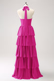 Eucalyptus A-Line Halter Tiered Chiffon Bridesmaid Dress