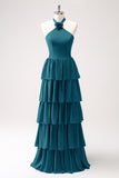 Elegant Champagne A-Line Halter Tiered Chiffon Bridesmaid Dress