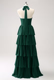 Eucalyptus A-Line Halter Tiered Chiffon Bridesmaid Dress