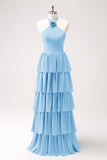 Elegant Champagne A-Line Halter Tiered Chiffon Bridesmaid Dress