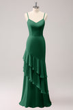 Elegant Dark Green Spaghetti Straps Mermaid Bridesmaid Dress with Ruffles