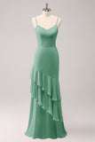 Elegant Dark Green Spaghetti Straps Mermaid Bridesmaid Dress with Ruffles