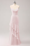 Pink Spaghetti Straps Mermaid Bridesmaid Dress with Ruffles