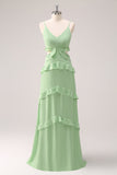 Light Green Chiffon Hollow Out Tiered Bridesmaid Dress with Slit