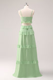 Light Green Chiffon Hollow Out Tiered Bridesmaid Dress with Slit