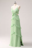 Light Green Chiffon Hollow Out Tiered Bridesmaid Dress with Slit