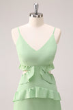 Light Green Chiffon Hollow Out Tiered Bridesmaid Dress with Slit