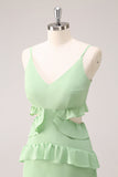 Light Green Chiffon Hollow Out Tiered Bridesmaid Dress with Slit