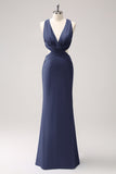 Royal Blue Mermaid Cut Out Ruched Long Bridesmaid Dress