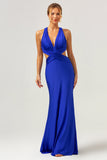 Royal Blue Mermaid Cut Out Ruched Long Bridesmaid Dress