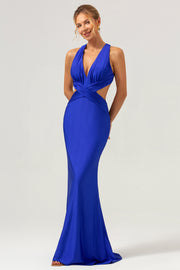 Royal Blue V Neck Mermaid Cut Out Pleated Bridesmaid Dress