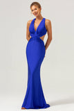 Royal Blue V Neck Mermaid Cut Out Pleated Bridesmaid Dress