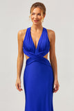 Royal Blue V Neck Mermaid Cut Out Pleated Bridesmaid Dress