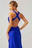 Royal Blue V Neck Mermaid Cut Out Pleated Bridesmaid Dress