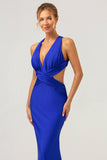 Royal Blue V Neck Mermaid Cut Out Pleated Bridesmaid Dress