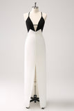 Black White V Neck Sheath Spaghetti Straps Prom Dress With Slit