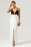 Black White V Neck Sheath Spaghetti Straps Prom Dress With Slit