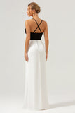 Black White V Neck Sheath Spaghetti Straps Prom Dress With Slit